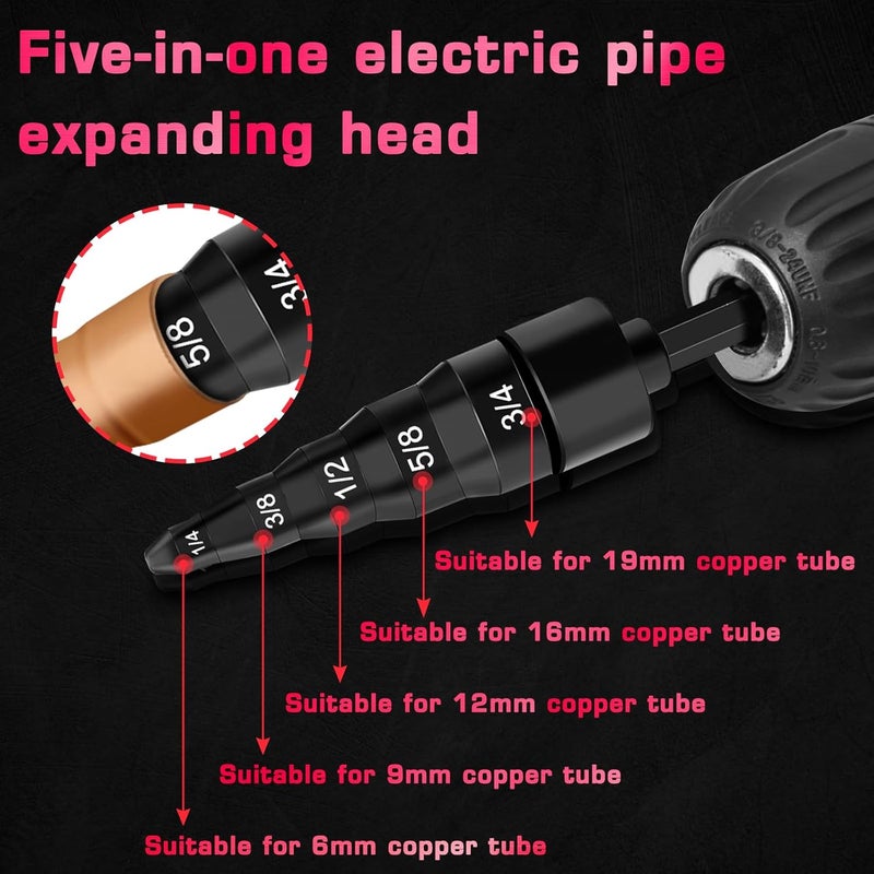 Hakkin 13PCS Copper Flaring Tool Pipe Expander with 5 in 1 Swaging Tool, HVAC Repairing Kit 1/4'',3/8'',1/2'',5/8'',3/4'',7/8'' Boring Drill Bit, Manual Swage Tool Hand Drill for Air Conditioner, - Image 5